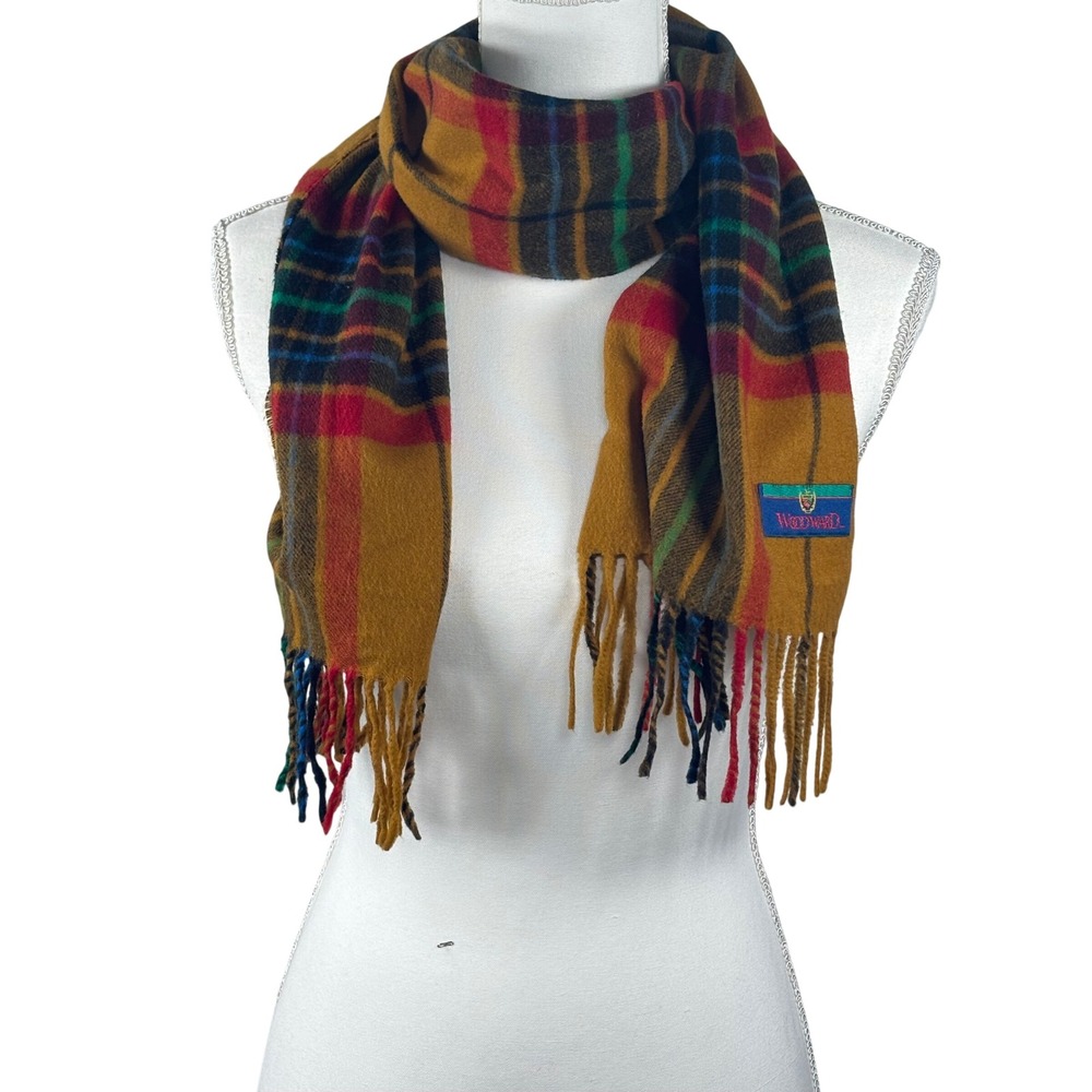 Woodward Vintage Plaid Scarf Mustard Yellow Red Green Tartan Fringe Accent‎